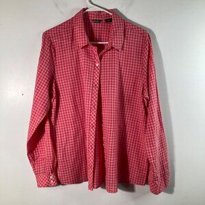 Womens Eddie Bauer Gingham Button‎ Shirt L Pink Cotton Long Sleeve